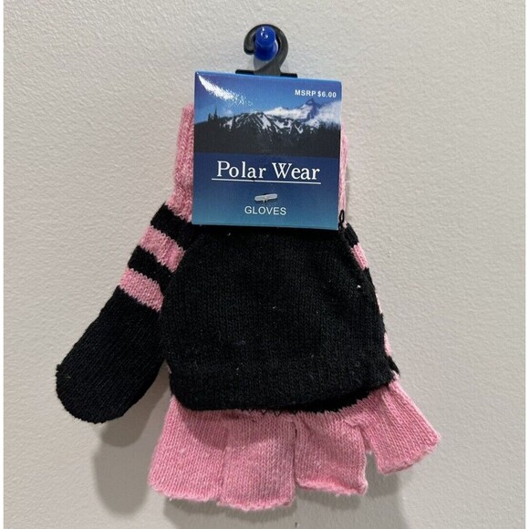 Girls fingerless glove mitten striped pink black knitted convertible flip top - Picture 1 of 3